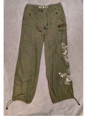 Mix It Y2K Green Cargo White Embroidered Floral Cargo Cotton Pants Size 4